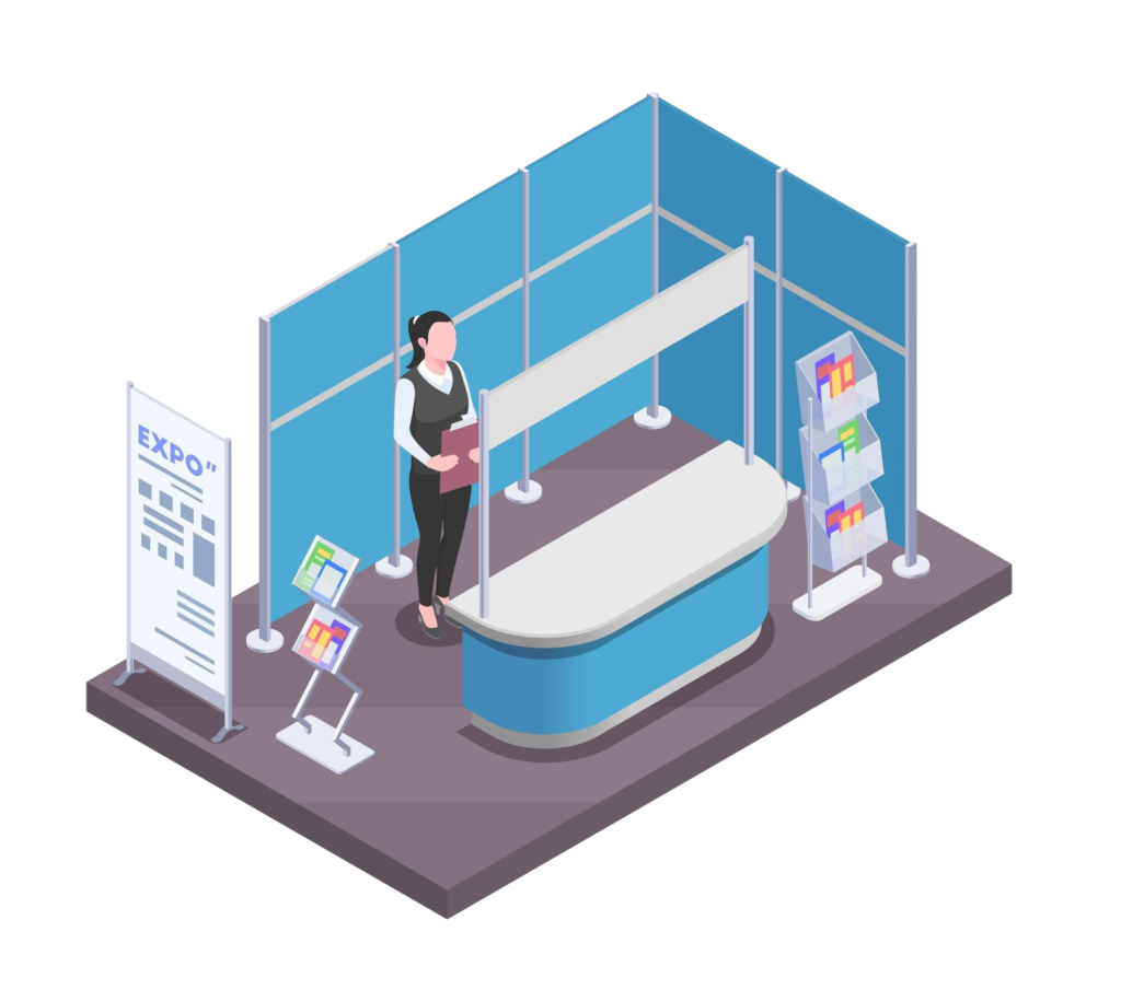 Woman Standing Expo Promotional Stand With Empty Desk Isometric Composition 1024x905